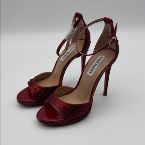Steve Madden Red Crystal Embellished Ankle-Strap Stilettos